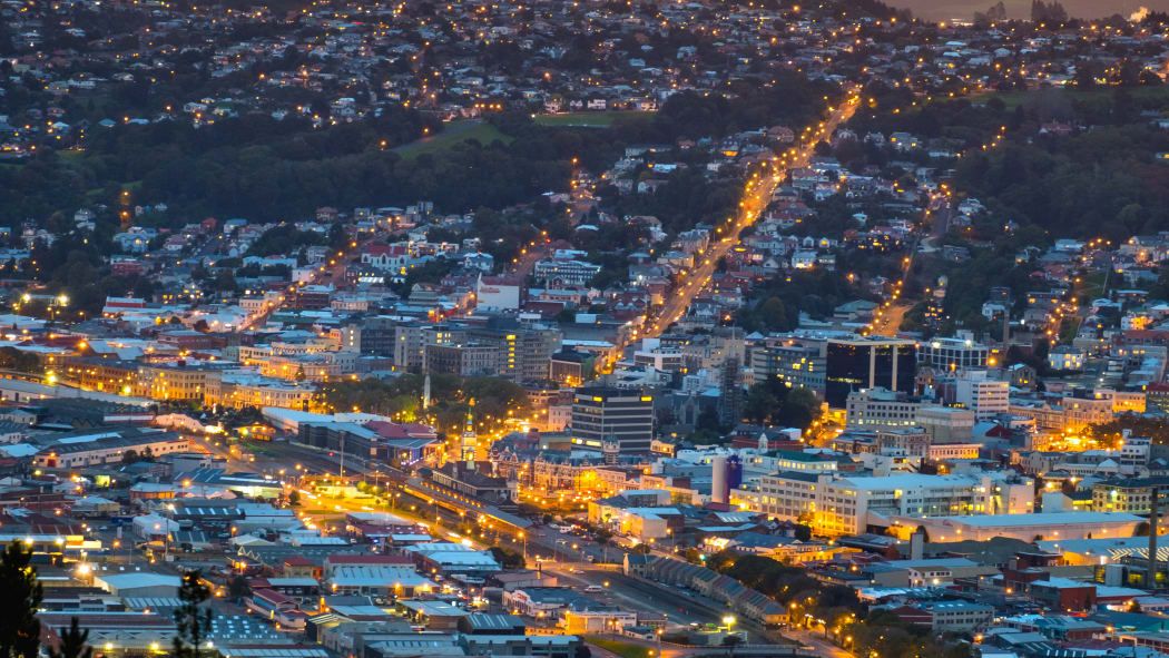 Beautiful cityscape after sunset. Nightlight. Dunedin, New Zealand.