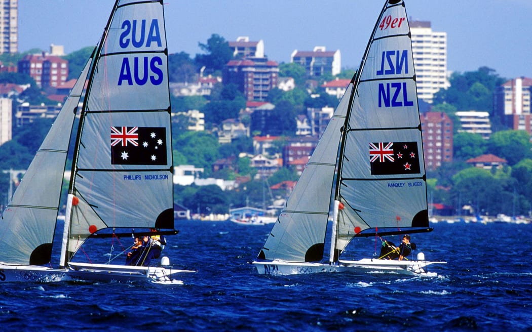 Dan Slater and Nathan Handley (NZL) during the mens 49er yachting event at the Sydney Olympic Games