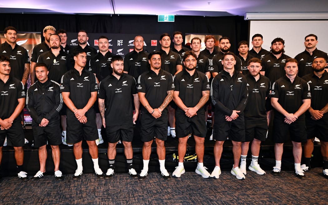 Maori All Blacks team photo at the naming and press conference at the Novotel Hotel, Auckland, New Zealand. Tuesday 24 June 2025. © Photo: Andrew Cornaga / Photosport