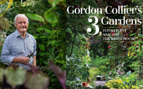Gordon Collier and the cover of his book "Gordon Colllier's 3 Gardens"
