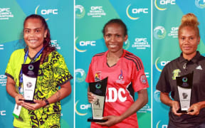 Individual winners, from left Edsy Matao (AS Academy Féminine), Marie Kaipu (Hekari United), and Sylvester Maenu’u (Koloale FC)