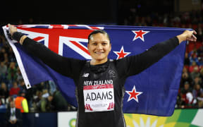 Valerie Adams celebrates winning gold at the Glasgow Commonwealth Games.