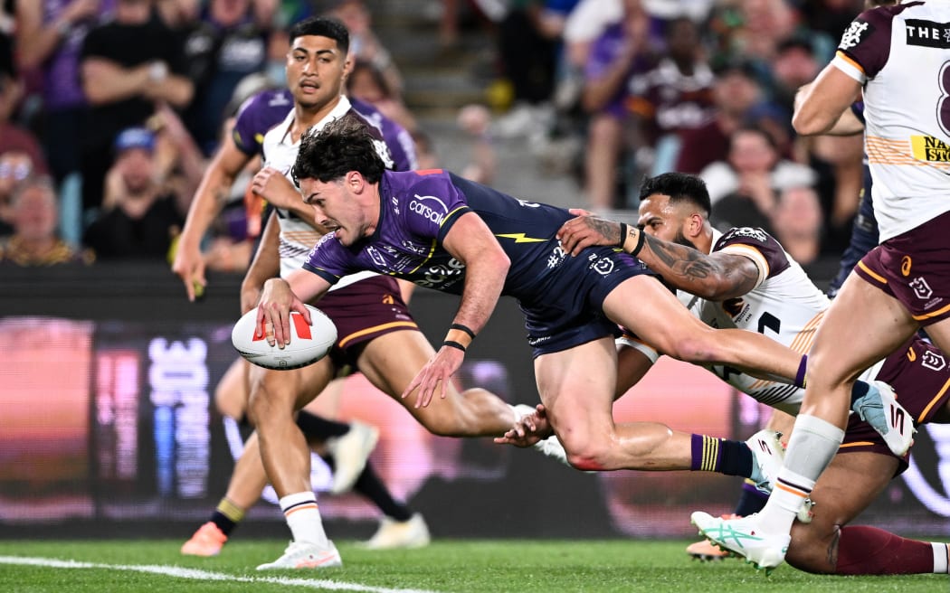 Nick Meaney of the Storm scores a try during the NRL Grand Final match between the Brisbane Broncos and the Melbourne Storm at Accor Stadium in Sydney, Sunday, October 5, 2025. (AAP Image/Dan Himbrechts/ Photosport)