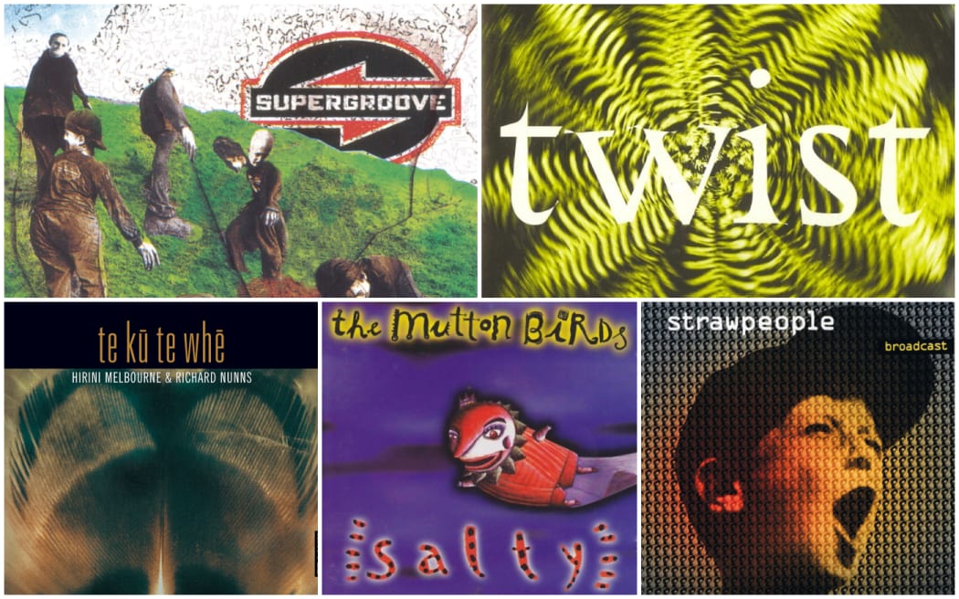 Album artwork for Supergroove's Traction, Dave Dobbyn's Twist, Strawpeople's Broadcast, The Mutton Birds' Salty, and Te Ku te Whe.
