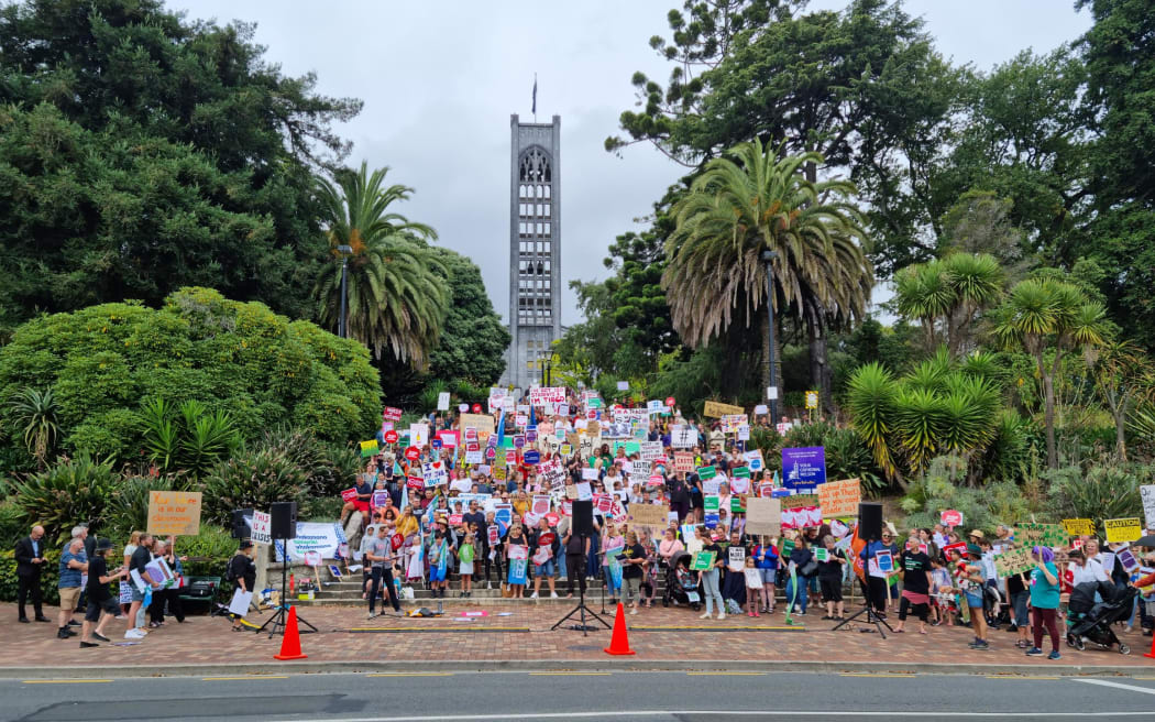 Striking teachers on church steps in Nelson
