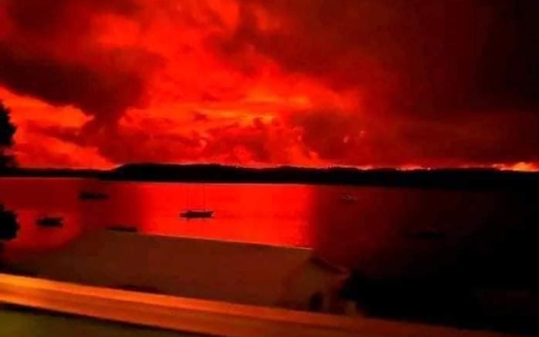 The red skies seen from the Nuku'alofa waterfront on 14 January 2022.