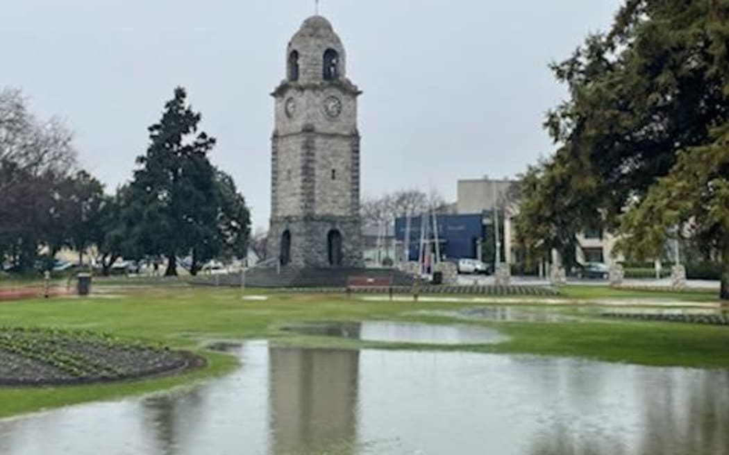 Flooding around the clock tower in Seymour Square in Blenheim on 12 July 2022.