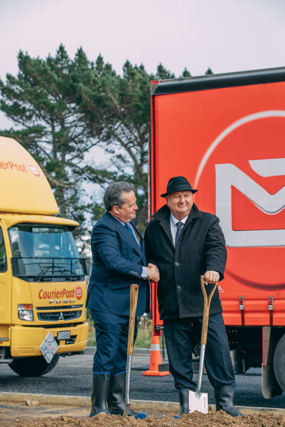 Associate Minister for State Owned Enterprises Shane Jones, alongside NZ Post Board Chair Rodger Finlay, breaking the ground at the site of the new Wellington Super Depot this morning in Wellington.