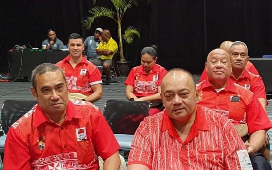 TASANOC president Michael Bloomfield, left, and Tonga PM Hu'akavameiliku, sitting front right, and Lord Vaea behind right at the Pacific Games Council meeting in Palau. Photo: Melielau Manu