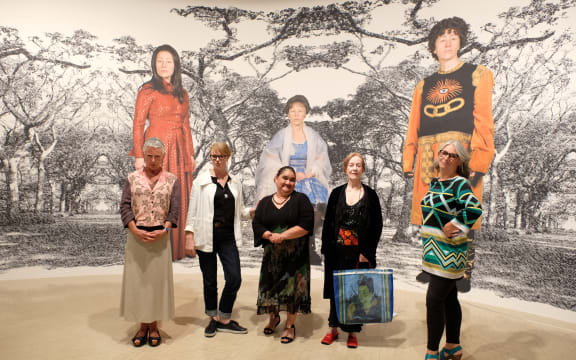 Kim Hill, Miranda Harcourt, Dr Ella Henry, Jacqueline Fahey, Dr Claire Robinson, in front of Cindy Sherman's work.