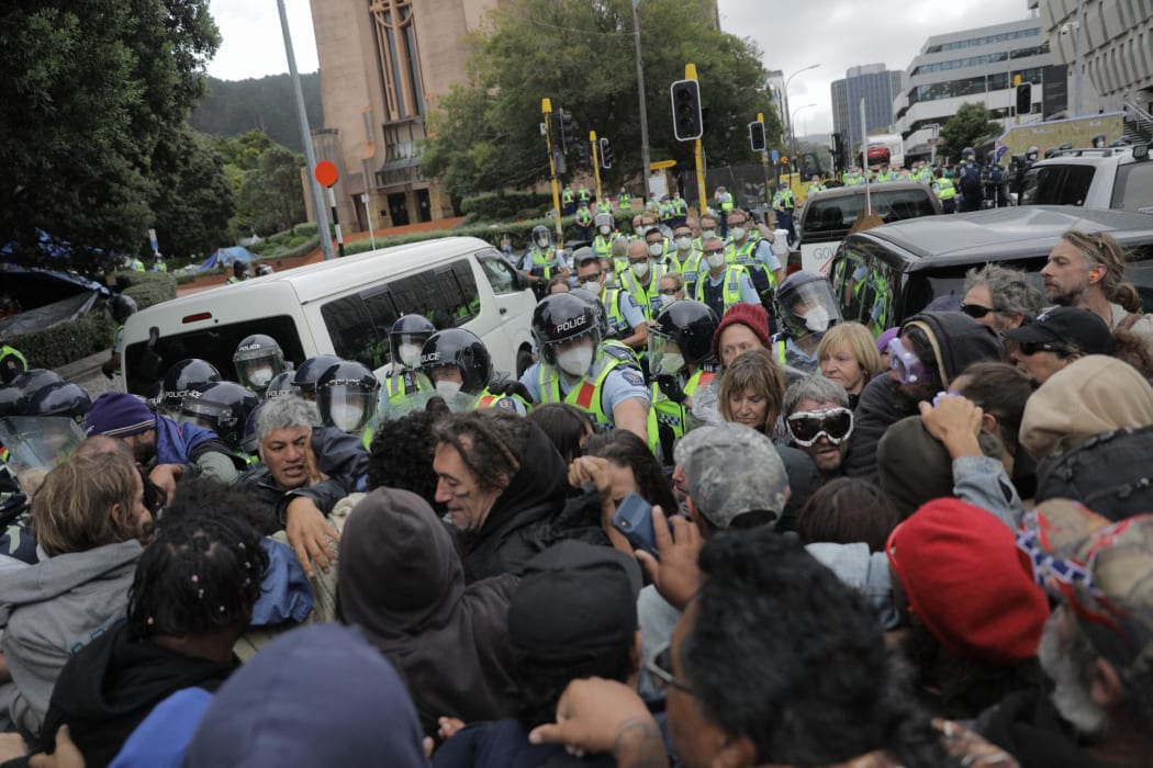 Protesters and police clash on day 23 of the protest in Wellington.