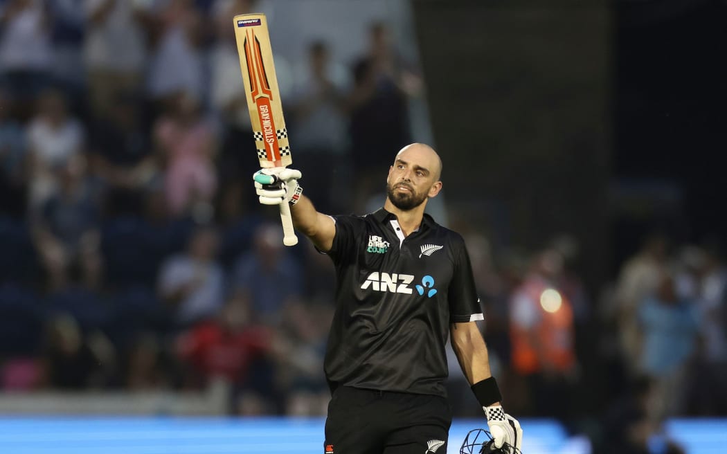 Daryl Mitchell  of New Zealand celebrates after he had reached his century
England v New Zealand Blackcaps, 1st One Day International (ODI) at Sophia Gardens, Cardiff, Wales on Friday 8 September 2023. New Zealand tour of England. Mandatory credit: Matthew Impey / www.photosport.nz