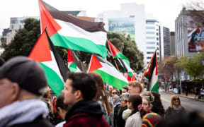 Pro Palestinian protesters gather in Wellington on 16 August 2025 as part of nationwide demonstrations.