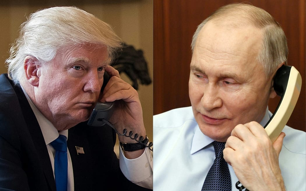 (COMBO) This combination of pictures shows President Donald Trump (L) on the phone on January 28, 2017 in Washington, and Russia's President Vladimir Putin (R) on the phone Moscow on December 27, 2023.