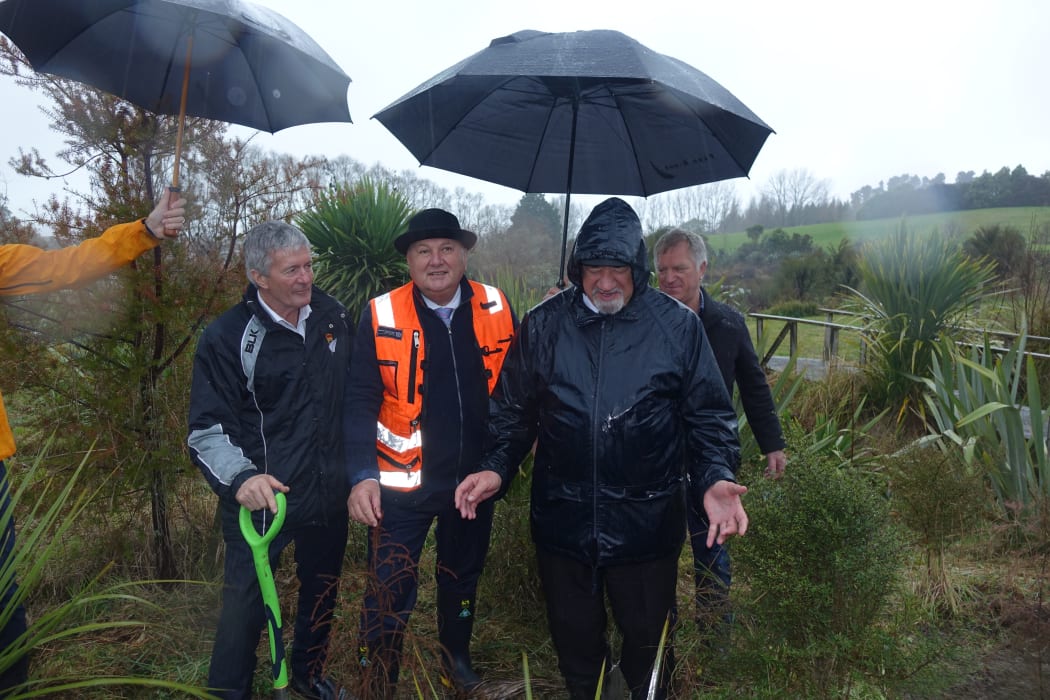 West Coast-Tasman MP and Agriculture Minister Damien O’Connor, Minister of Forestry Shane Jones and Archdeacon Harvey Whakaruru at the planting beside the Waimea Estuary.