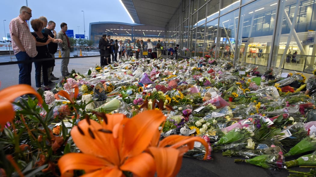 Flowers placed in remembrance for the victims of the MH17 plane crash at Schiphol Airport, near Amsterdam.