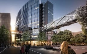An artist's impression of the air bridge that has been lifted into place at the Auckland International Convention Centre.