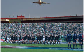 An Emirates Airlines jet flies over Ellis Park before the All Blacks v Springboks test.