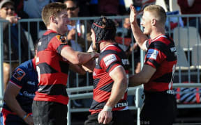 Johnny McNicholl and Matt Todd of Canterbury celebrates Jordie Barrett try during the Mitre 10 Cup Rugby Match, Canterbury V Tasman, AMI Stadium, Christchurch, New Zealand. 28th August 2016. Copyright Photo: John Davidson / www.photosport.nz