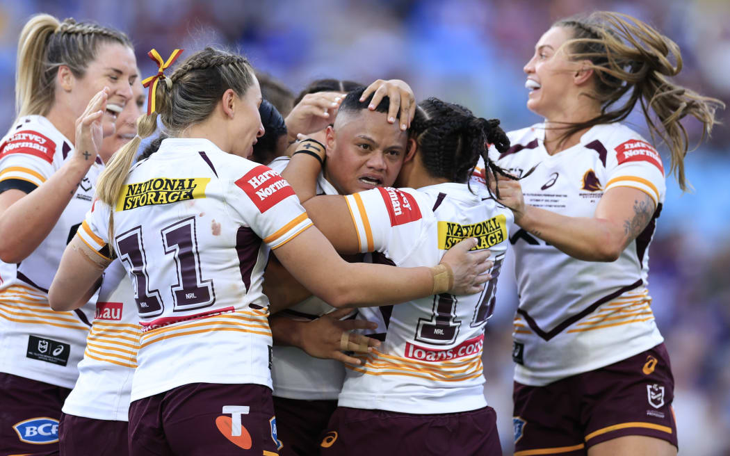 Mele Hufanga of the Brisbane Broncos celebrates scoring a try with team mates during the NRLW grand final against the Sydney Roosters. October 5, 2025. (AAP Image/Dan Himbrechts/ Photosport)