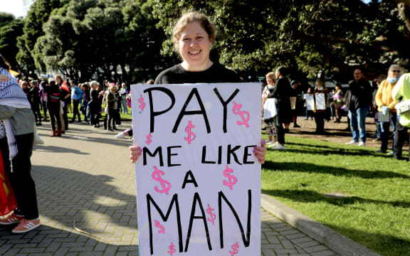 Budget Day 2025 - pay equity protestors voice their opinions outside Parliament