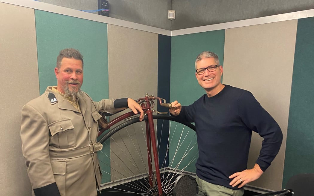 Shane Price with his penny farthing and Jesse