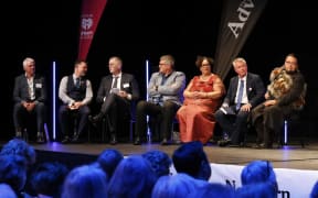 Whangārei's seven would-be mayors, from left, Mike Budd, Vince Cocurullo, Ken Couper, Brad Flower, Fiona Green, Nick Jacob and Shaquille Shortland at a meeting on 27 September 2022.