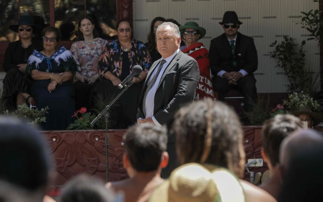 NZ First MP Shane Jones listens as supporters perform a haka at Waitangi 5 February 2024