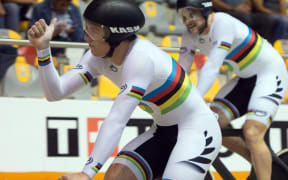 Ethan Mitchell gives thumbs up after finishing third at the team sprint at the World Cup in Mexico.