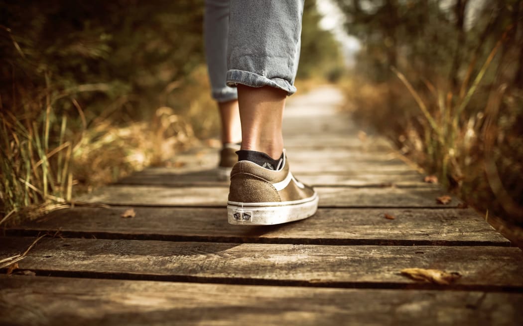 close up of feet walking in sneakers