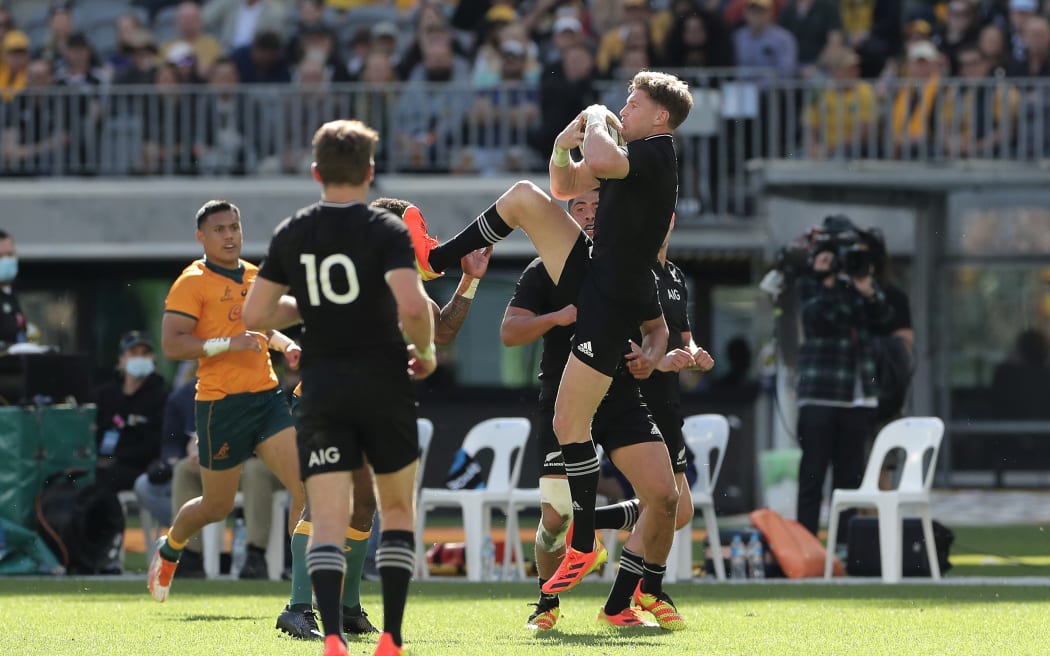 Jordie Barrett of the All Blacks kicks Marika Koroibete of the Wallabies in the face during the Rugby Union Bledisloe Cup Game 3 between the Australia Wallabies and the New Zealand All Blacks at Optus Stadium in Perth, Sunday, September 5, 2021.