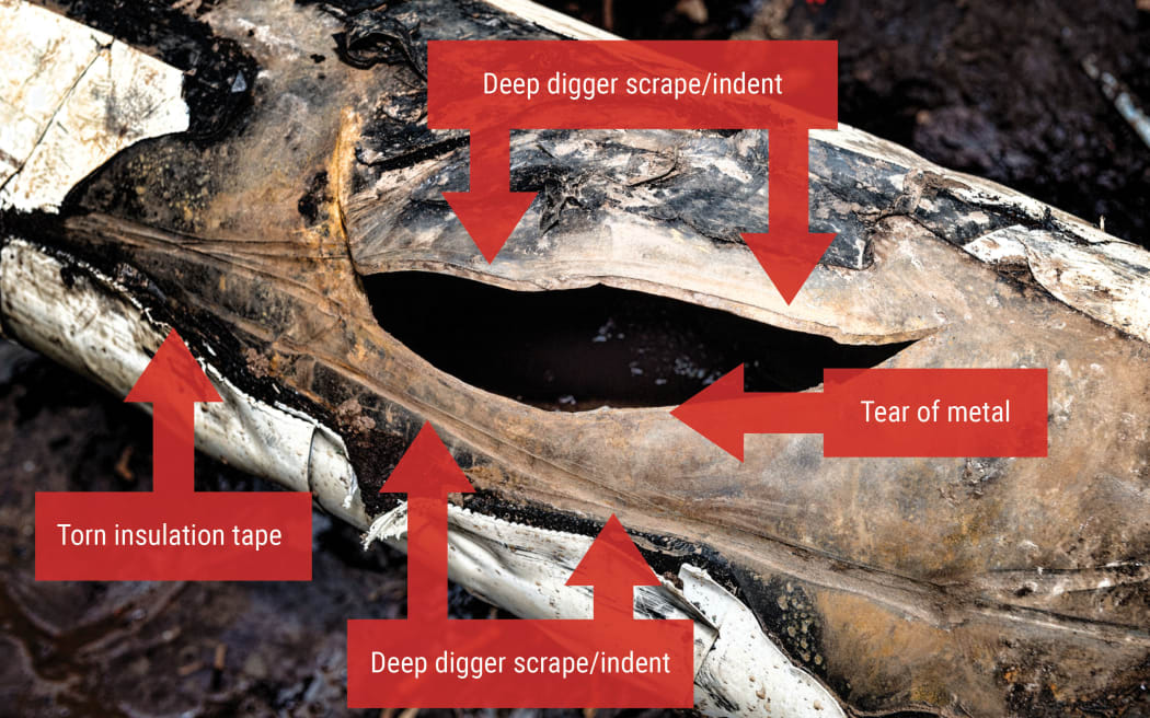 Refining New Zealand said these images show the damage to its pipeline was caused by a digger.