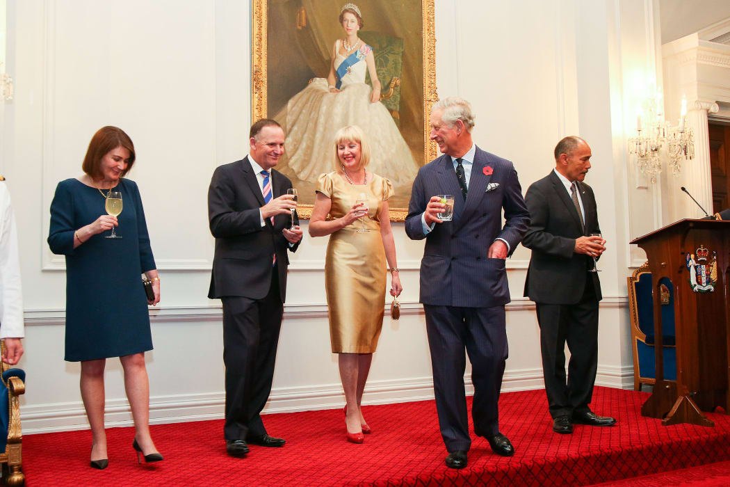 Left to right: Bronagh Key, John Key, Lady Janine Mateparae, Prince Charles and Sir Jerry Mateparae at a state reception at Government House in Wellington on the evening of 11 November 2015.