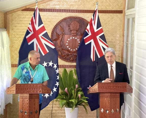 Mark Brown, left, and Winston Peters in Rarotonga. 8 February 2024