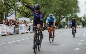 Aaron Gate of Black Spoke Pro Cycling Academy celebrates winning stage one of the 2020 Tour of Southland in Gore.