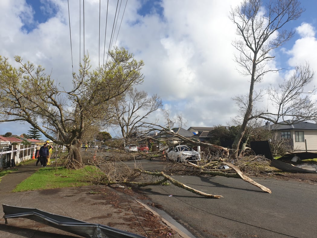 Damage at Freyburg Avenue after a tornado in the Auckland suburb of Papatoetoe.