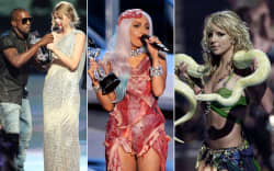 Kayne West (L)jumps onstage after Taylor Swift (C) won the “Best Female Video” award the 2009 MTV Video Music Awards at Radio City Music Hall on September 13, 2009 in New York City. LOS ANGELES, CA - SEPTEMBER 12: Singer Lady Gaga accepts the Video of the Year award onstage during the 2010 MTV Video Music Awards at NOKIA Theatre L.A. LIVE on September 12, 2010 in Los Angeles, California. Singer Britney Spears performs with a snake draped over her neck at the 2001 MTV Video Music Awards 06 September, 2001, in New York.