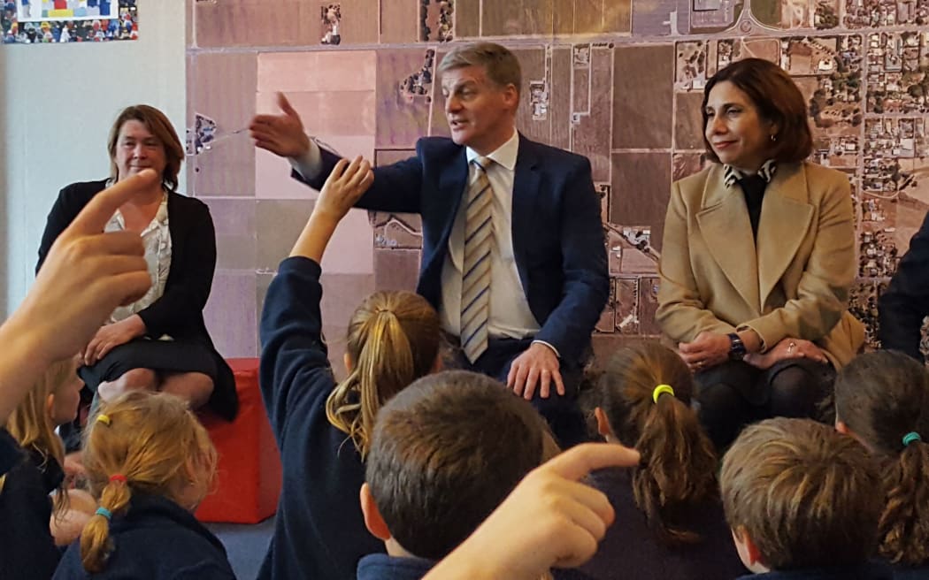 BilL english talks to schoolkids at Springlands Primary in Blenheim.
