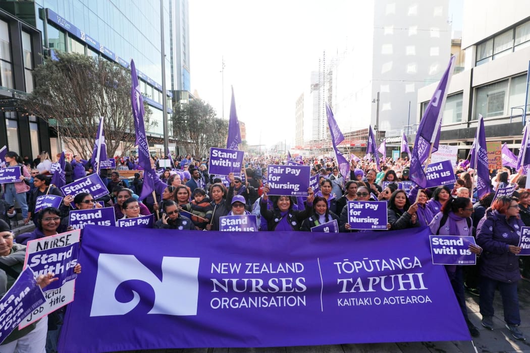 Nurses take to the street at Britomart in Auckland.