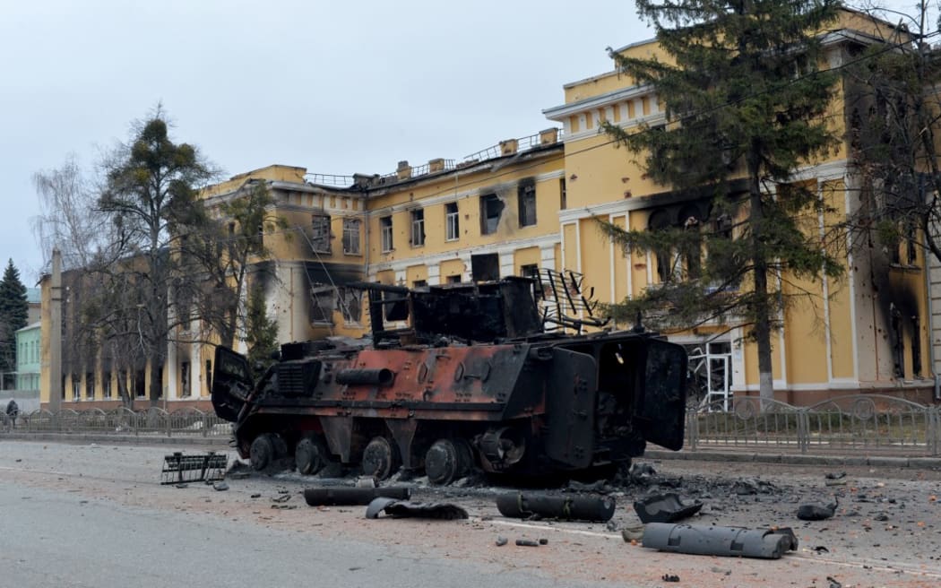 A Ukrainian armoured personnel carrier (APC) BTR-4 destroyed as a result of fighting not far from the centre of Ukrainian city of Kharkiv on 28 February, 2022.