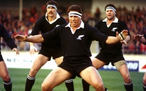 All Black captain Wayne Shelford leads the haka at the 1st international rugby union test between the All Blacks and Argentina at Carisbrook, Dunedin New Zealand, on Saturday 15 July, 1989.