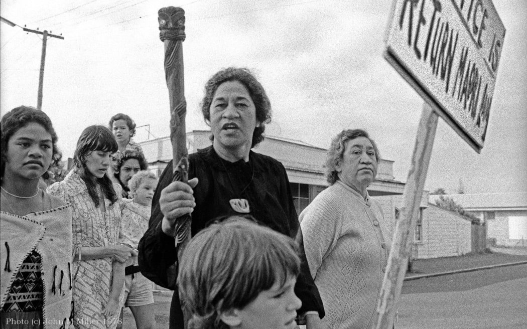 Black and white image of Maori land rights activist Eva Rickard