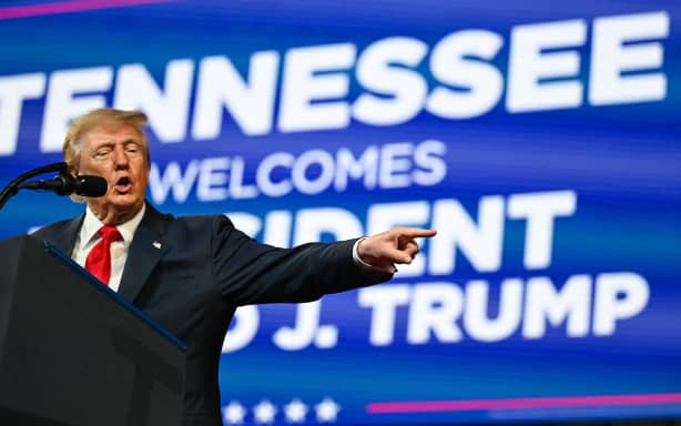 CLARKSVILLE, TENNESSEE - OCTOBER 10: U.S. President Donald Trump delivers remarks during a rally at F&M Bank Arena on October 10, 2026 in Clarksville, Tennessee. President Trump traveled to Tennessee to campaign for local Republican candidates ahead of the midterm elections. Roberto Schmidt/Getty Images/AFP (Photo by ROBERTO SCHMIDT / GETTY IMAGES NORTH AMERICA / Getty Images via AFP)
