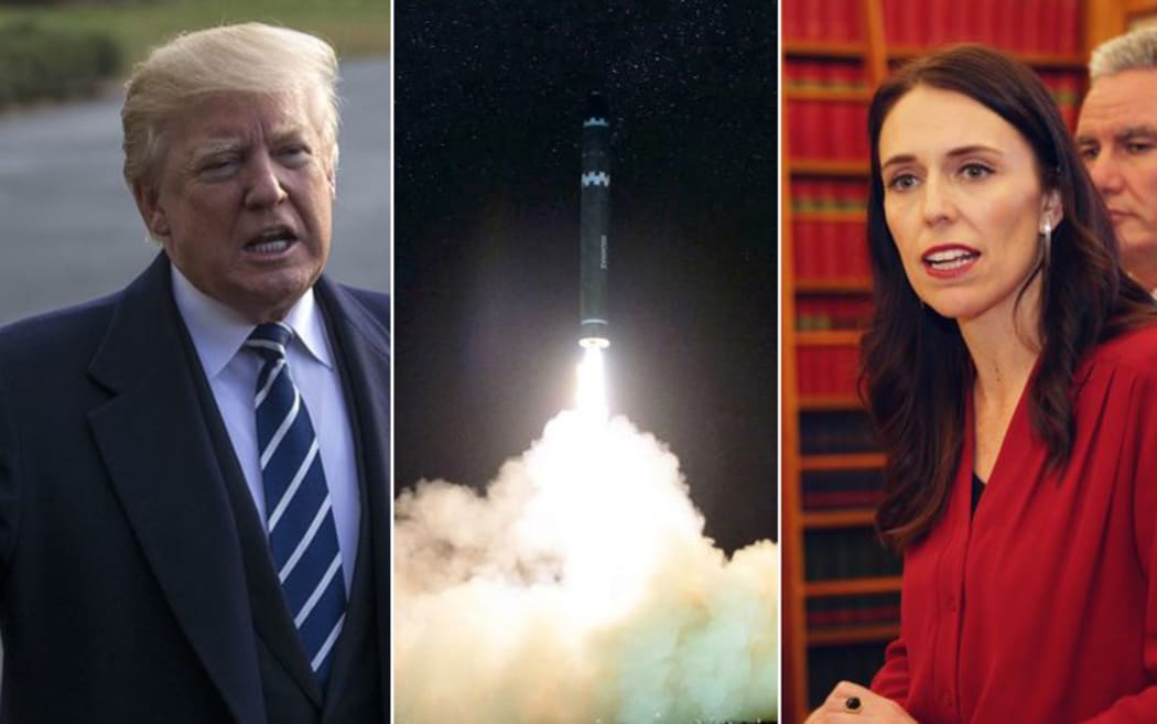 US President Donald Trump, a missile launch and Prime Minister Jacinda Ardern.