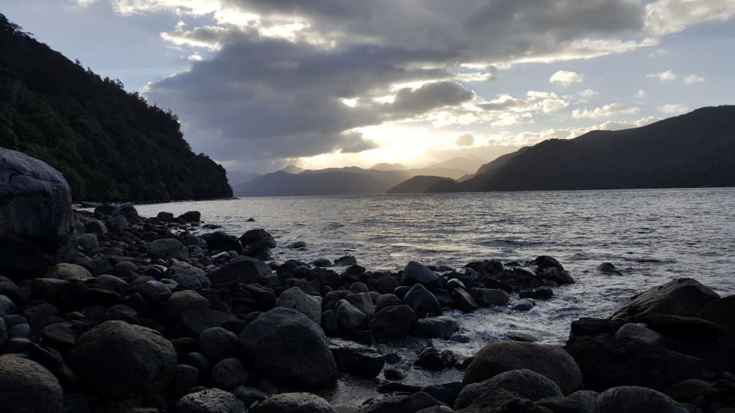 View from the shore of Coal Island, looking up Preservation Inlet in Fiordland's remote southwest.