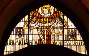 Saint Michael; stained glass in the Pfarrkirche St. Martin in Linz am Rhein (Germany).