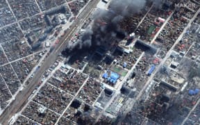 Burning oil storage tanks and industrial area in Chernihiv, Ukraine on March 21, 2022.