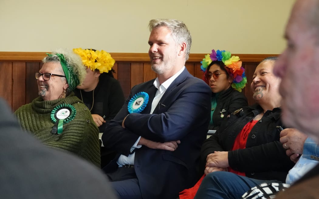 (From left) Maki Herbert (Aotearoa Legalise Cannabis Party), Matt King (Democracy NZ) and Mariameno Kapa-Kingi (Te Pāti Māori) listen to the other candidates.