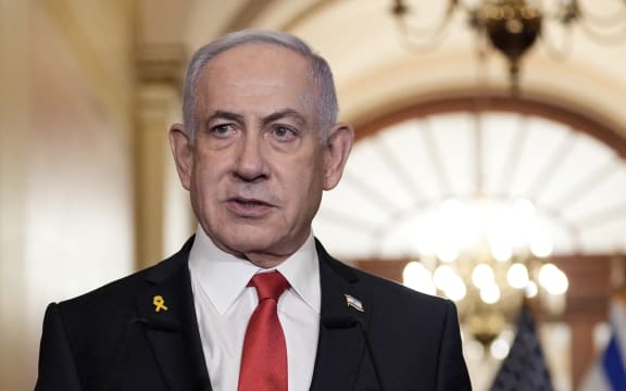 Israeli Prime Minister Benjamin Netanyahu speaks to the press at the US Capitol following his closed-door meeting with US Speaker of the House Mike Johnson, Republican from Louisiana, in Washington, DC, on February 7, 2025. (Photo by oliver contreras / AFP)