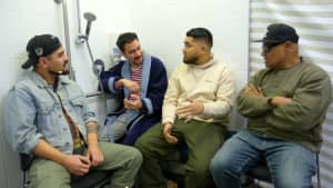 Niu FM breakfast host henry Hohenberger, musician Church from Church & AP and creative giant Oscar Kightley join host James Nokise in the shower.